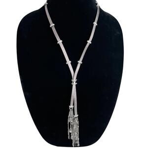 WHBM White‎ House Black Market Silver Leather Crystal Tassel Necklace 24-28" NWT